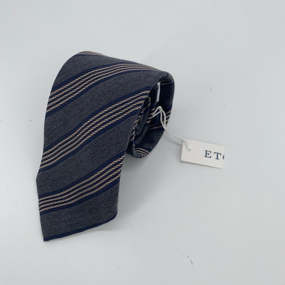 Eton Tie‎ Mens One Size Gray Blue Striped Wool Blend Luxury Necktie Italy Made